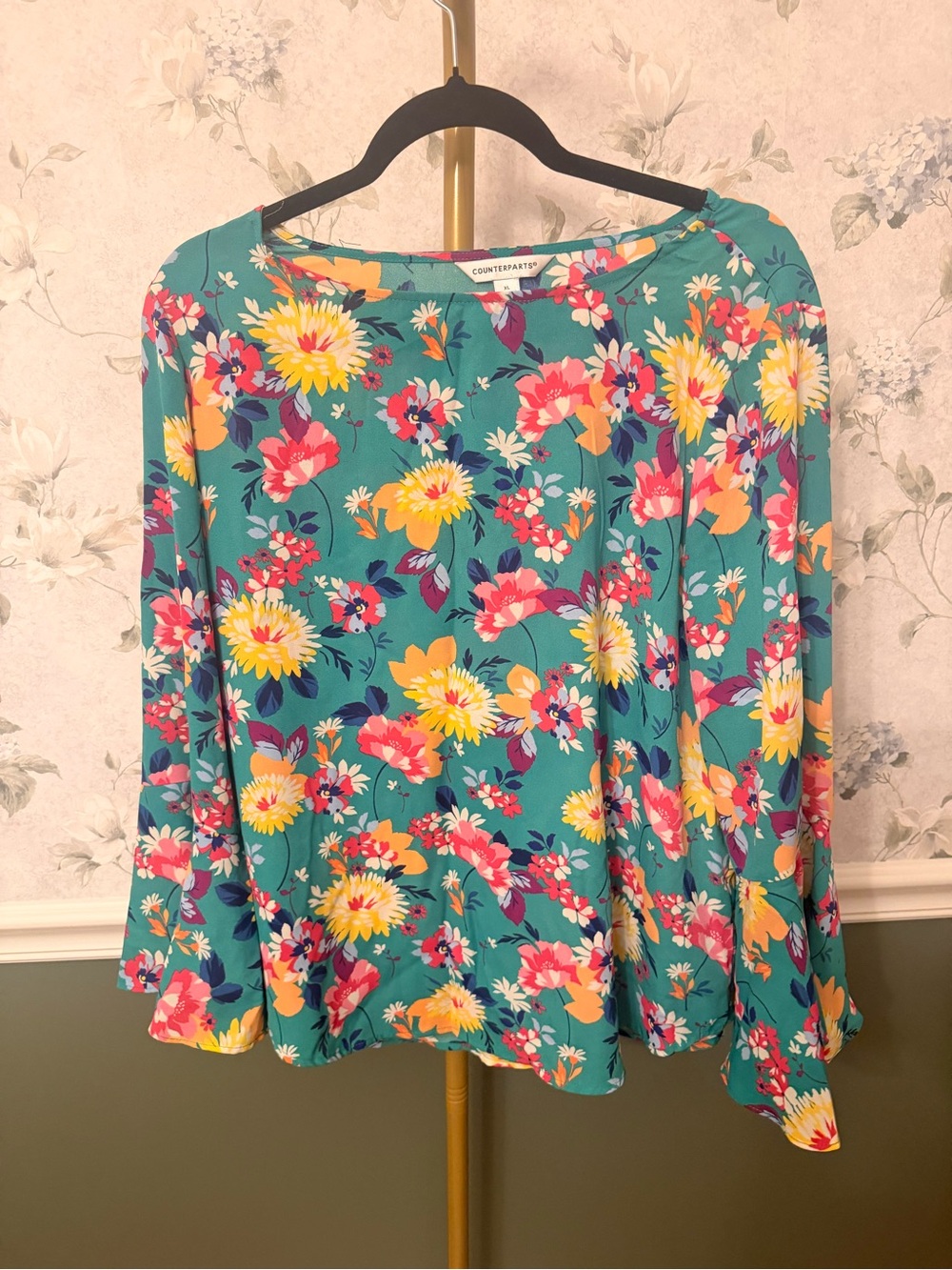 Counterparts Teal Floral Long Sleeve Top with Yellow & Pink Blooms